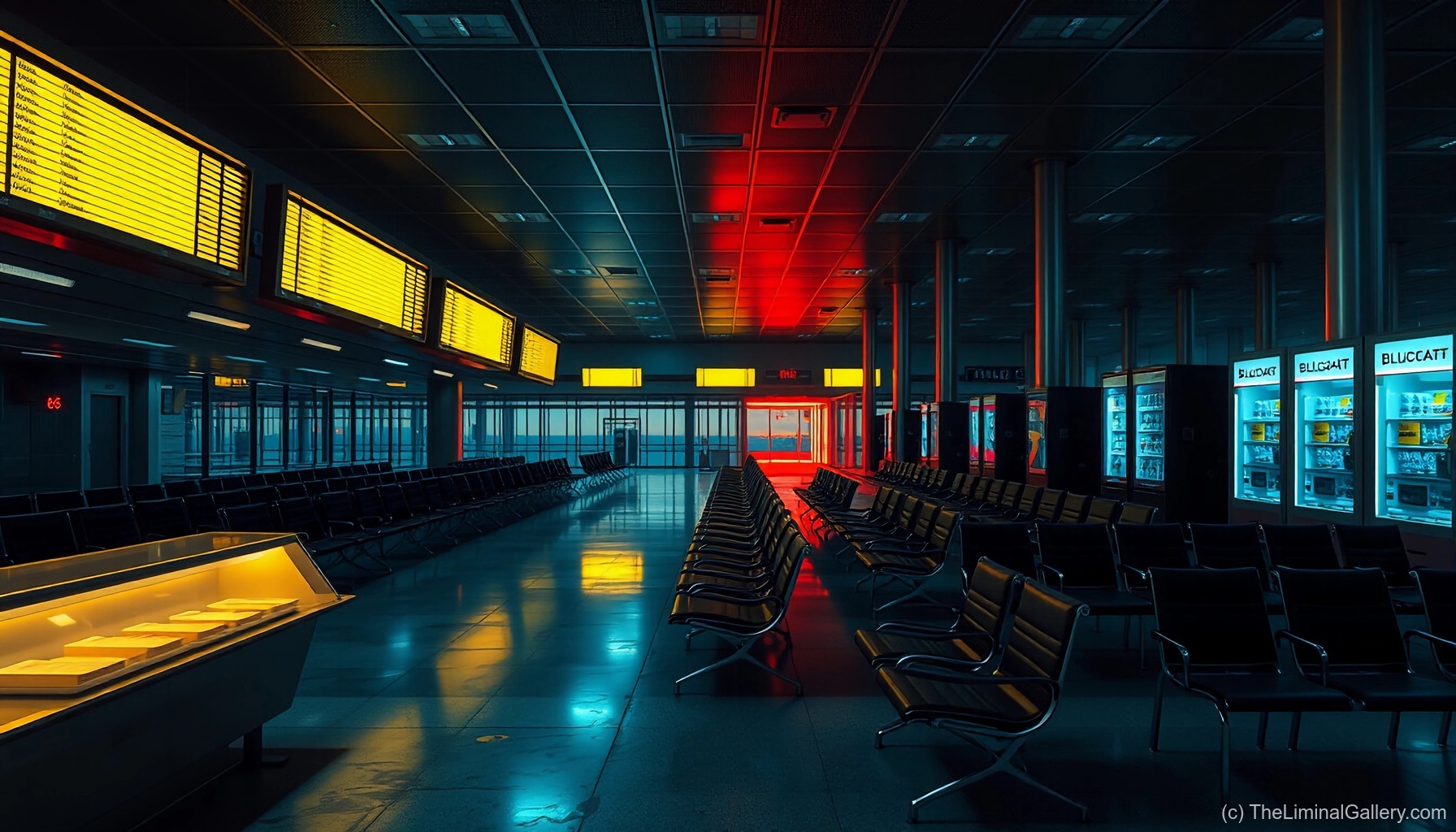 Uncanny terminal corridors in Level 36, Airport, blending nostalgic travel vibes with liminal eeriness.